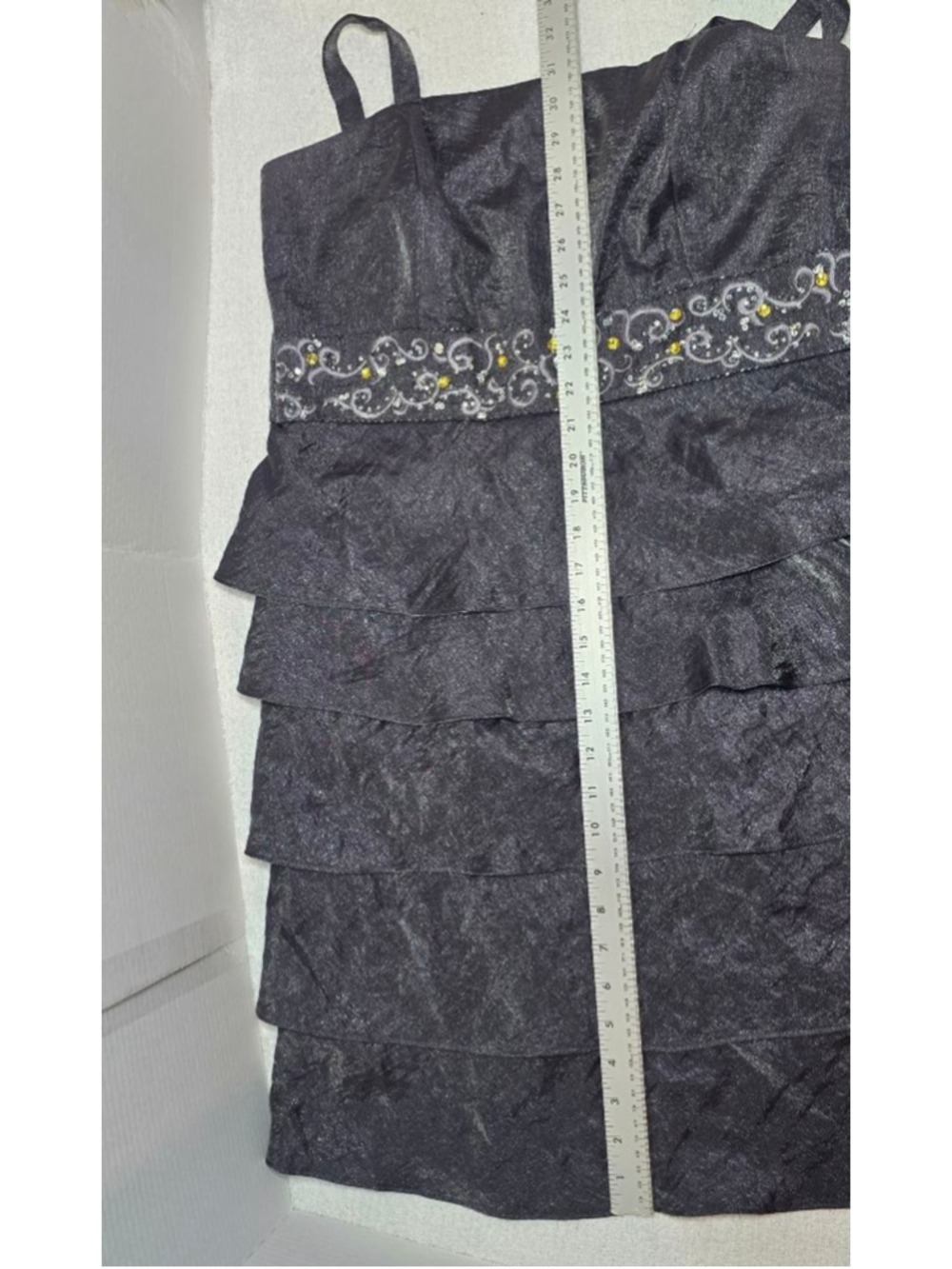 Women's R&M Richards Gray Tiered Dress with Yellow Embellishments, Size 16 - Picture 12 of 13